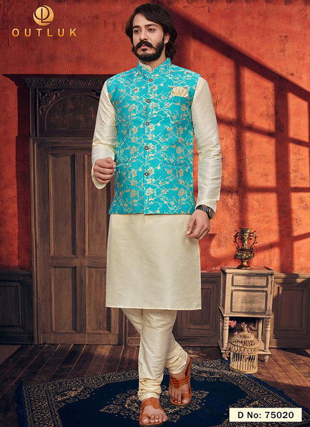 Sea Green Colour Outluk Vol 75 Latest Designer Festive Wear Kurta Pajama With Jacket Collection 75020